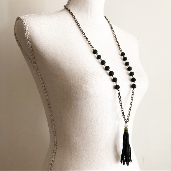 NWOT MARLYN SCHIFF Boho Tiny Chain Link Long Necklace with Black Leather Tassel - Picture 3 of 16